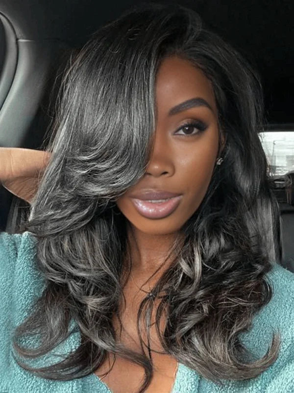 Black woman showcasing Luvwin 13x4 Wavy Glueless Gray Wig, soft natural waves, realistic Salt & Pepper highlights, glueless pre-cut lace, comfortable human hair wig for work, weekend, or casual outings