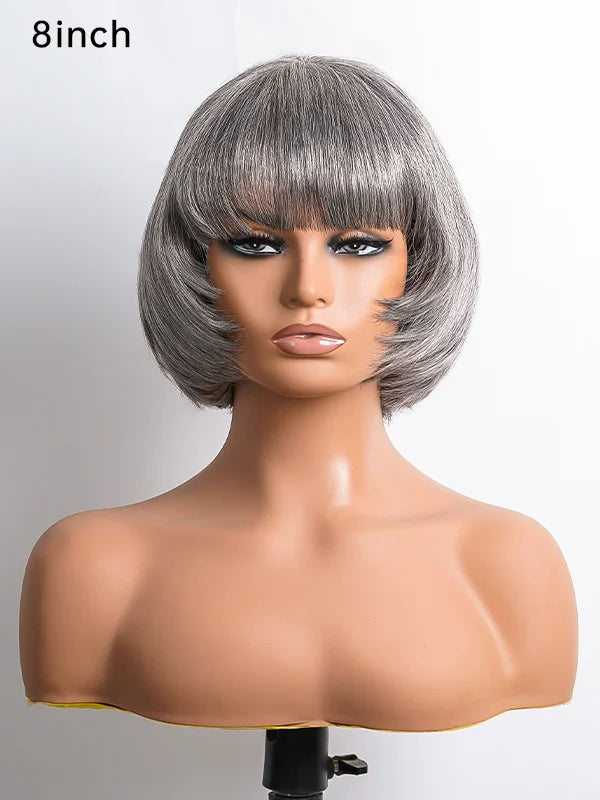 Luvwin Salt & Pepper Layered Cut Short Bang Wig Gray Hair with Inner Buckle, soft natural layers, realistic gray highlights, 100% human hair, beginner-friendly wig suitable for stylish everyday, work, or casual occasions