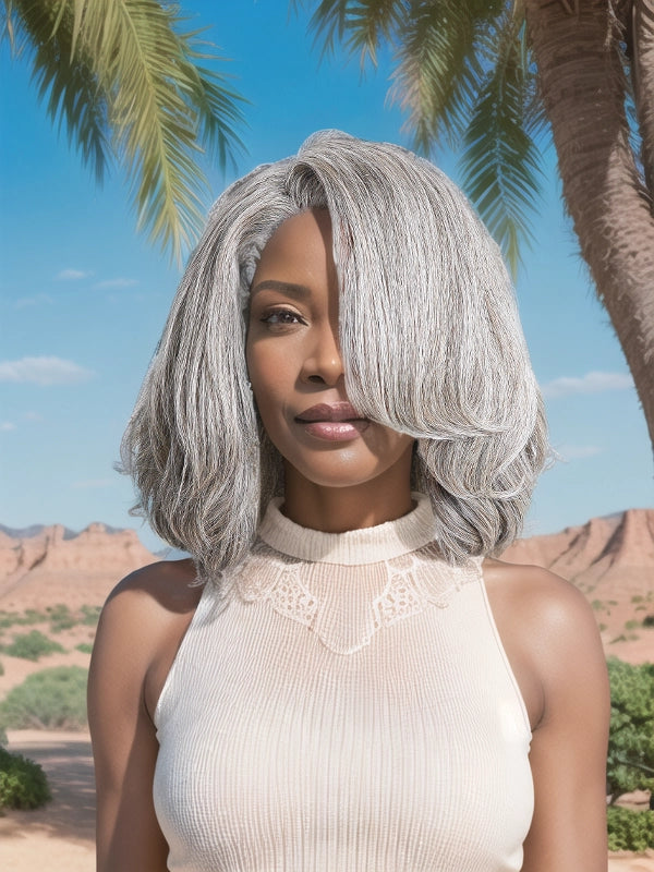 African American woman wearing Luvwin Short Layered Side Parted Salt & Pepper Wig with Bang, soft natural layers, realistic gray highlights, 5x5 closure, 100% human hair, beginner-friendly and easy-to-style wig for everyday, work, or casual occasions
