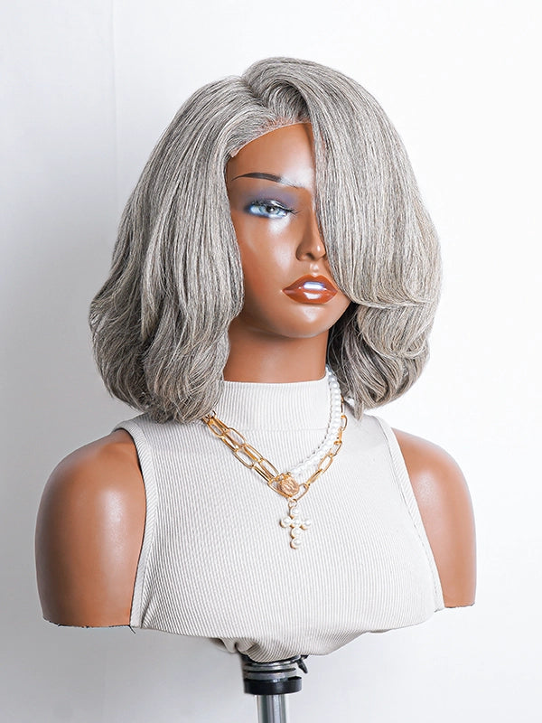 Close-up of Luvwin Salt & Pepper Short Layered Side Parted Wig with Bang, soft natural layers, realistic gray highlights, 5x5 closure lace, easy-to-style human hair wig for stylish Black women for work, weekend, or casual occasions