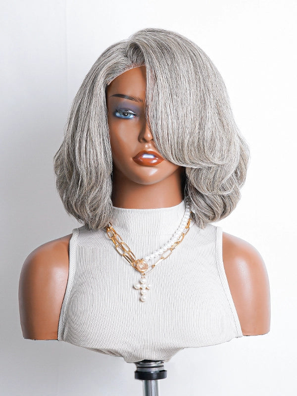 Product display of Luvwin Short Layered Side Parted Salt & Pepper Wig with Bang, soft natural layers, realistic gray highlights, 5x5 closure, beginner-friendly 100% human hair wig for Black women