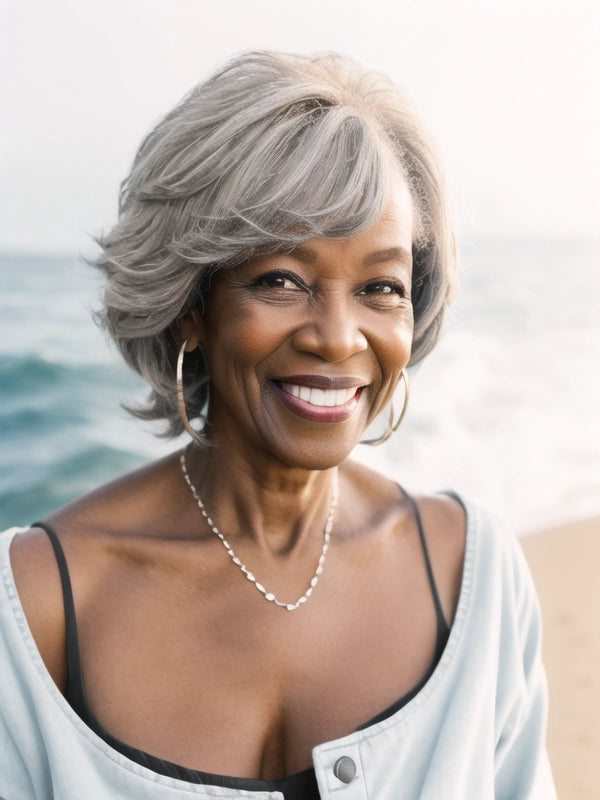 Black woman wearing Luvwin Silver Gray Custom Layered Cut Side Part Hair, soft layered waves, realistic gray highlights, 100% human hair, glueless wig suitable for mature women and all age groups, great for brunches, weekend outings, or social events