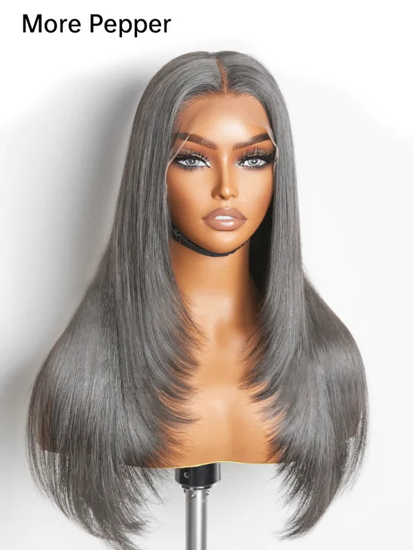Close-up of Luvwin Gray Straight Layered Wig, soft natural layers, realistic Salt & Pepper highlights, glueless lace front, human hair wig perfect for work, weekend, or casual wear
