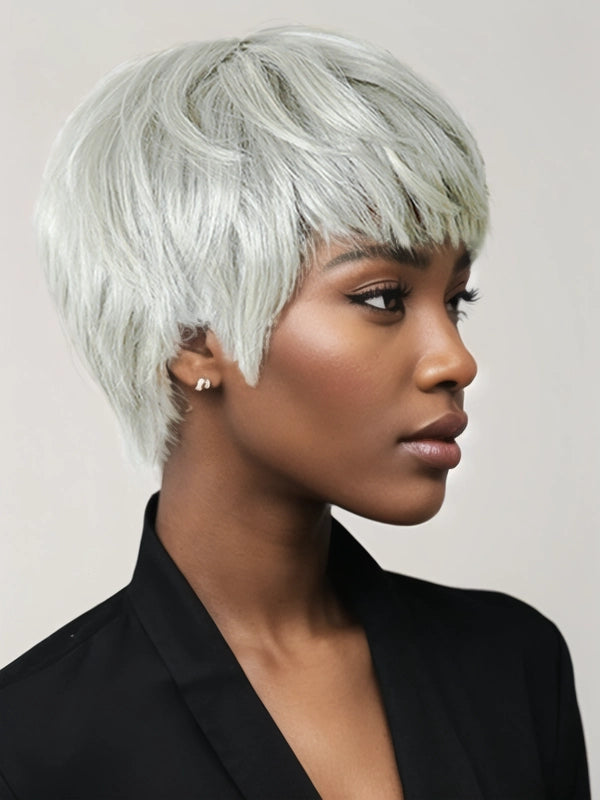 African American woman wearing Luvwin 95% Salt Transparent Green Pixie Cut Style Wig with Bangs, sleek short hairstyle, soft natural texture, beginner-friendly human hair wig suitable for mature women and women of all ages, ideal for brunches, social gatherings, or casual outings
