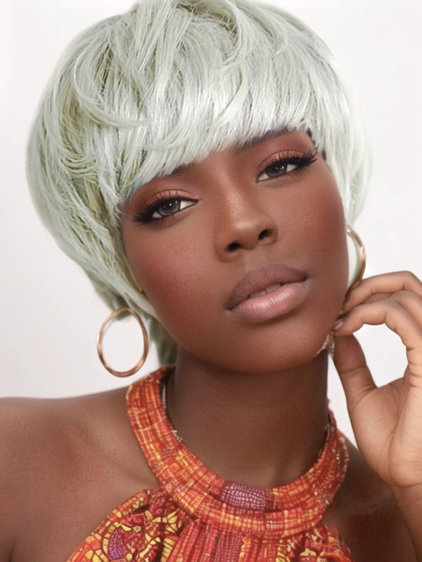 African American woman wearing Luvwin 95% Salt Transparent Green Pixie Cut Style Wig with Bangs, sleek short hairstyle, soft natural texture, full machine made, beginner-friendly human hair wig suitable for mature women and all age groups, ideal for brunch, social gatherings, casual outings, or professional events