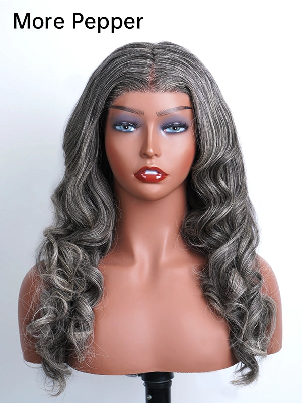 Close-up of Luvwin Salt & Pepper Wavy Glueless Gray Wig, soft natural waves, realistic highlights, 13x4 pre-cut lace, easy-to-style human hair wig for stylish Black women for work, weekend, or casual occasions