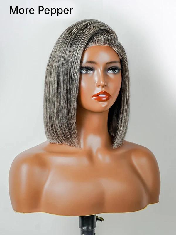 Luvwin 5x5 Salt And Pepper Glueless Gray Color Pre-Cut Lace Straight Bob Wig For Black Women