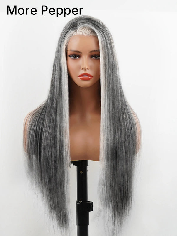 More Pepper glueless long straight gray silver wig with a healthy and shiny texture, featuring a natural salt and pepper color, ideal for women looking for a stylish and voluminous gray hairstyle with a realistic look.