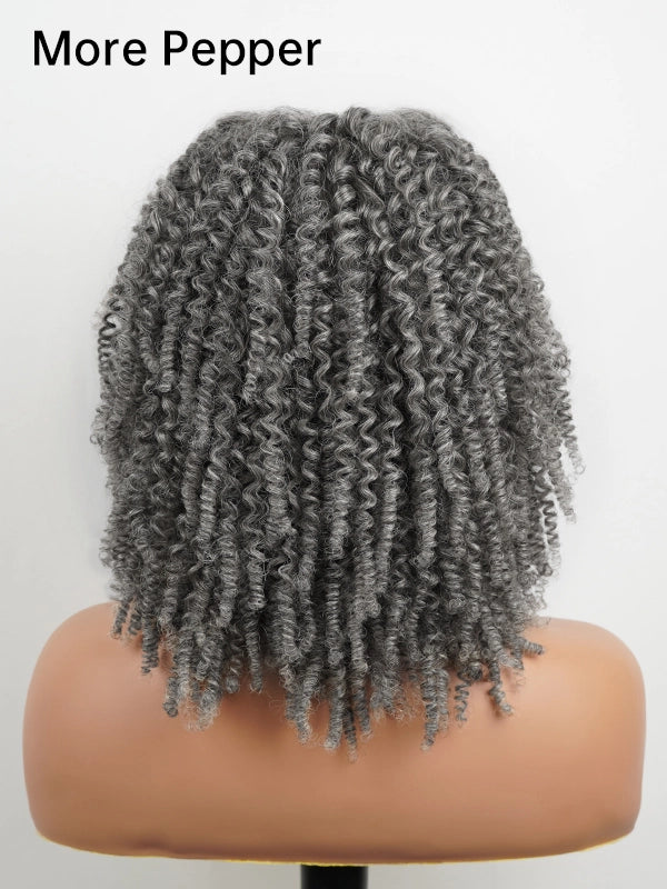 Back view of More Pepper salt and pepper curly gray bob wig with natural afro kinky curls, soft synthetic texture, realistic gray blend short hairstyle for black women seeking a natural mature look.