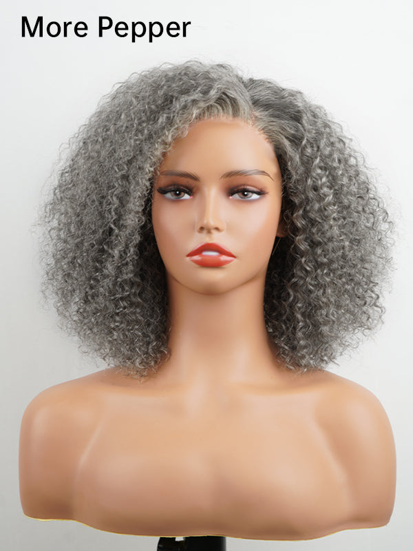 Natural salt and pepper gray curly bob wig in more pepper shade, glueless design with fluffy curls for a voluminous, youthful look, perfect for women seeking a natural gray hairstyle.