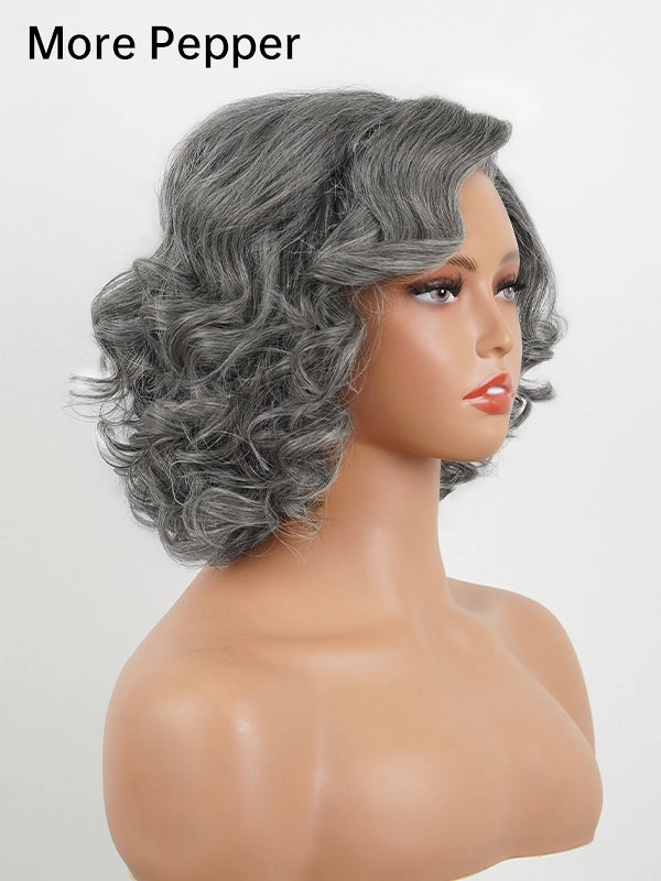 More pepper steel grey salt and pepper bob wig with retro waves, side view showing darker grey tones and layered curls