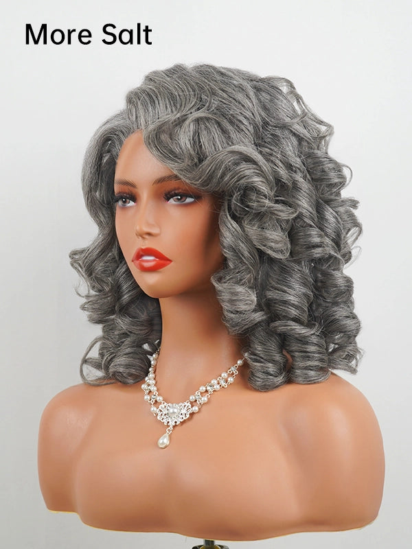 More salt silver gray kinky wavy curly wig side view, glueless free part human hair wig with layered volume.