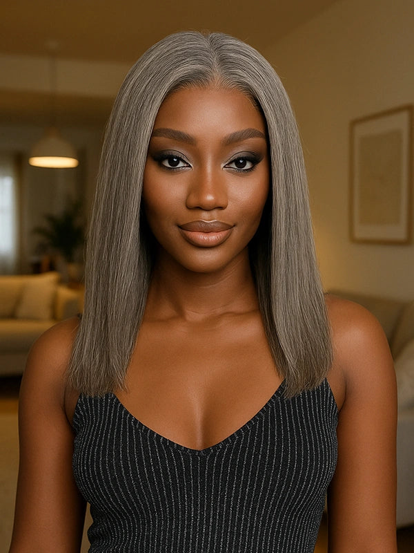 Salt & Pepper Glueless Wig on black woman, 100% human hair, beginner-friendly, natural straight hair, elegant and youthful style