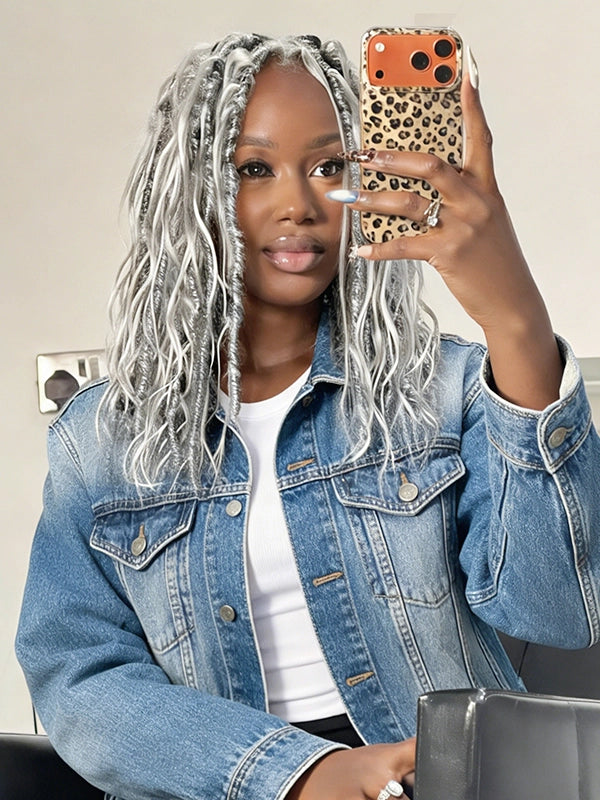 Salt and pepper crochet braids in gray and white blend, human hair crochet extensions for Black women.