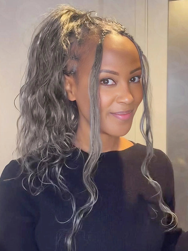 Salt and pepper crochet hair body wave installed in ponytail style, gray human hair bundle extensions for Black women.
