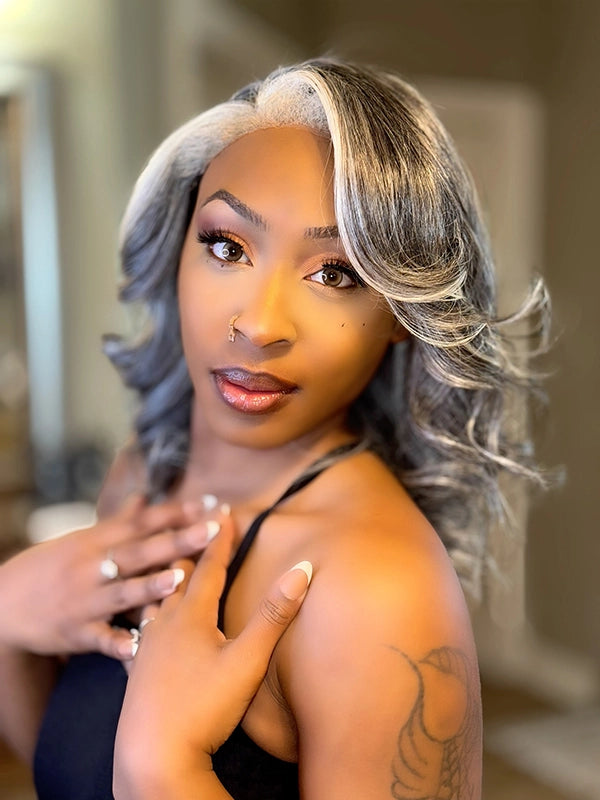 Salt and pepper highlight front glueless wave wig, silver streak gray human hair wig for Black women with natural shine.