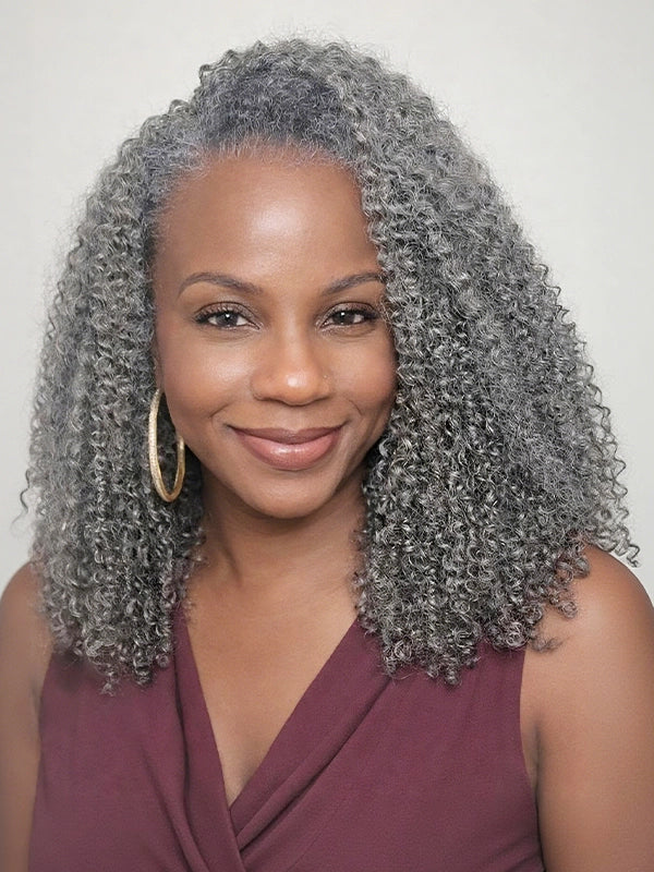 Salt and pepper kinky curly crochet hair, gray tight curly human hair bundle extensions for Black women.