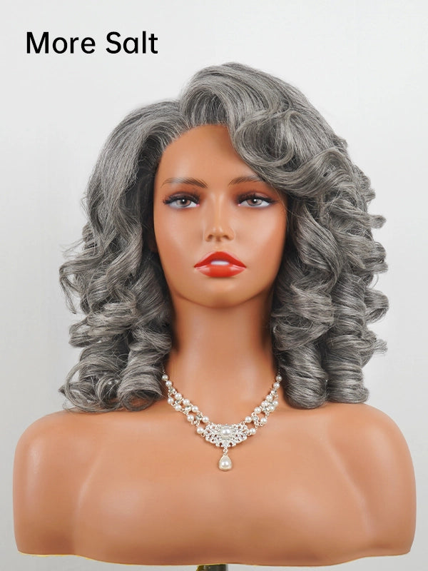 Salt and pepper kinky wavy curly gray wig with free parting, glueless human hair wig for older women, natural looking silver gray curly wig.