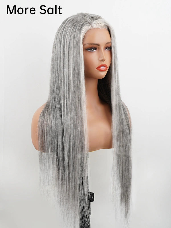 Salt and Pepper long straight silver wig, glueless design with natural-looking salt and pepper color, offering sleek, voluminous texture for a chic, youthful gray hairstyle.