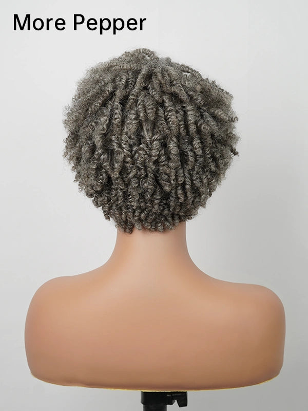 Back view of Salt and Pepper More Pepper Short Spiral Curl Wig – dark grey afro-style short curly wig for women with tight spiral curls and natural fullness