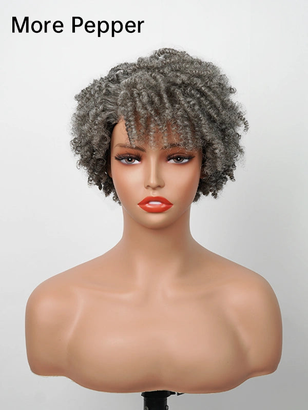 Front view of Salt and Pepper More Pepper Short Spiral Curl Wig – dark grey curly afro-style wig for women with tight spiral curls and natural texture
