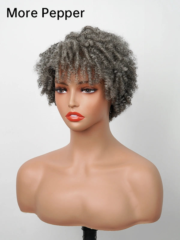Side view of Salt and Pepper More Pepper Short Spiral Curl Wig – dark grey afro-style short curly wig for women with tight spiral curls and realistic volume