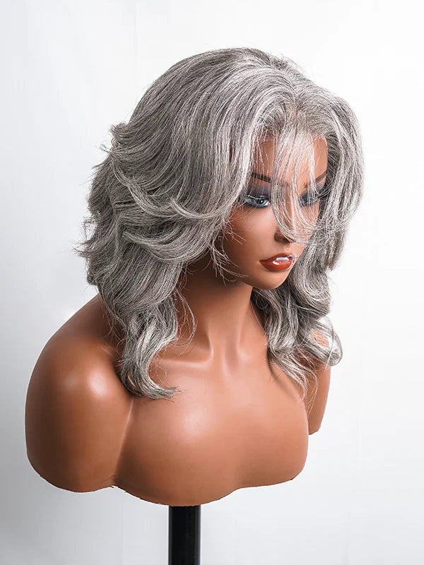 Side view of Salt and Pepper More Salt Glueless Gray Color Layered Cut Body Wave Bob Wig – soft gray layered waves with natural movement for women seeking a chic and sophisticated look