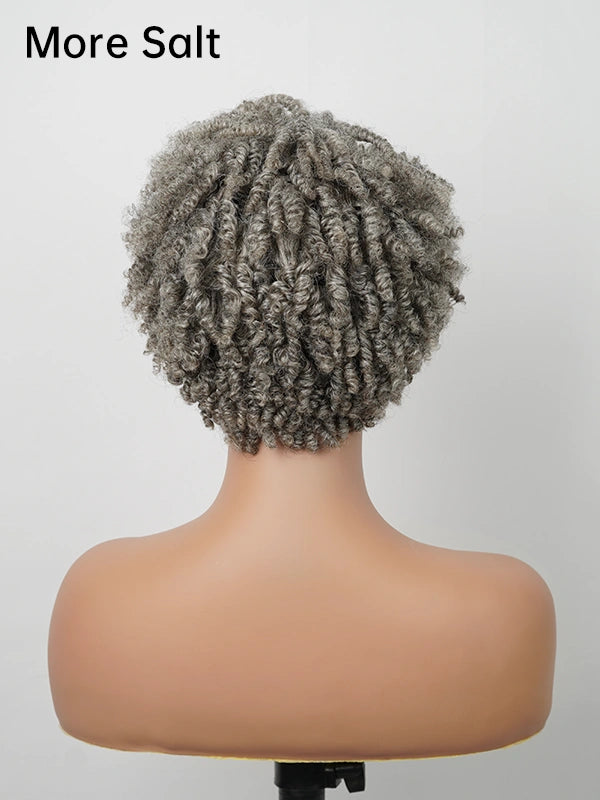 Back view of Salt and Pepper More Salt Short Spiral Curl Wig – light grey afro-style short curly wig with tight spiral curls and natural volume for women