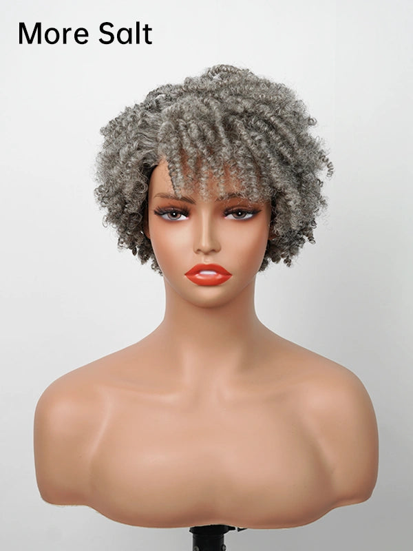 Front view of Salt and Pepper More Salt Short Spiral Curl Wig – natural grey curly afro-style wig for women with soft spiral curls and realistic texture