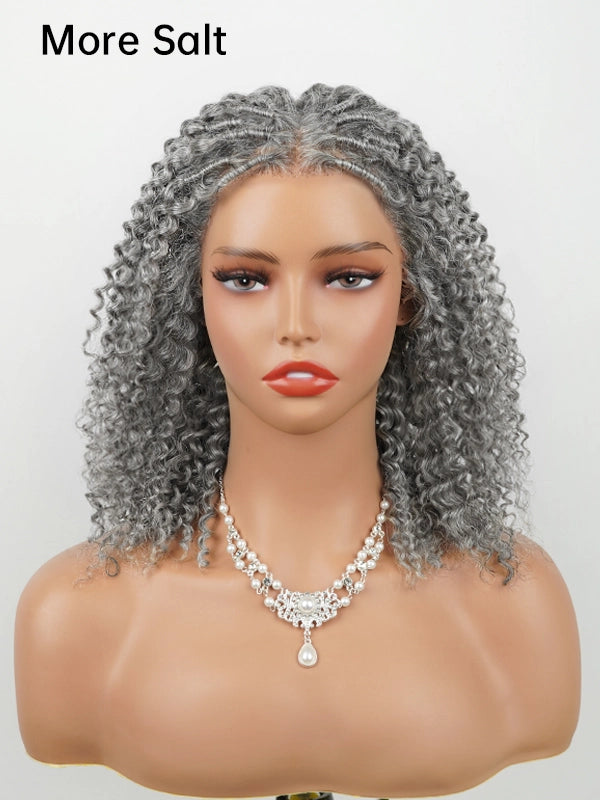 Silver grey boho twist curly human hair wig with natural curls, More Salt color worn by model for a chic, stylish look