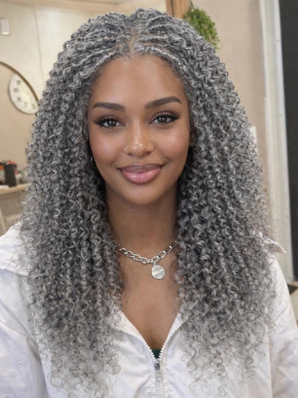 Real model wearing silver grey boho twist curly human hair wig showing natural curls and chic everyday style
