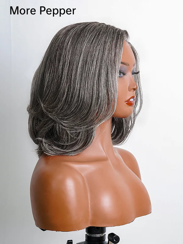 Luvwin 5x5 Salt And Pepper Glueless Gray Color Pre-Cut Lace Layered Cut Straight Bob Wig 100% Human Hair