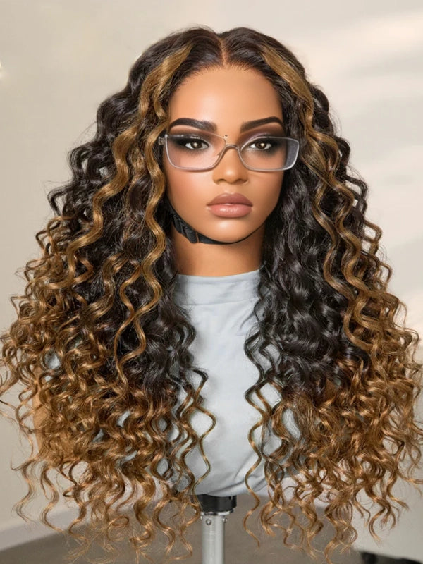 Luvwin Fluffy Brown Ombre Highlights Water Wave Glueless Pre-Cut HD Lace Frontal Wig