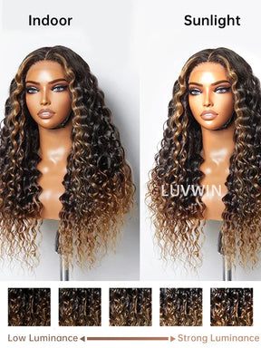 Luvwin Fluffy Brown Ombre Highlights Water Wave Glueless Pre-Cut HD Lace Frontal Wig