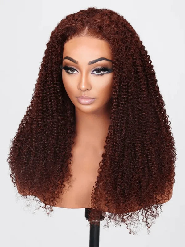 Luvwin Reddish Brown Pre-Cut Glueless Lace Wig Wear and Go Kinky Curly 100%Human Hair
