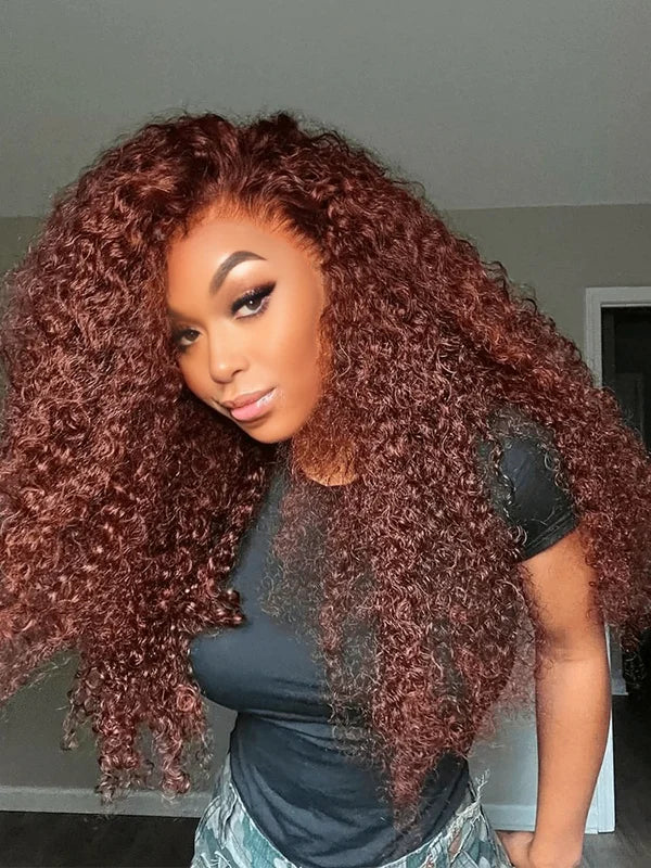 Luvwin Reddish Brown Pre-Cut Glueless Lace Wig Wear and Go Kinky Curly 100%Human Hair