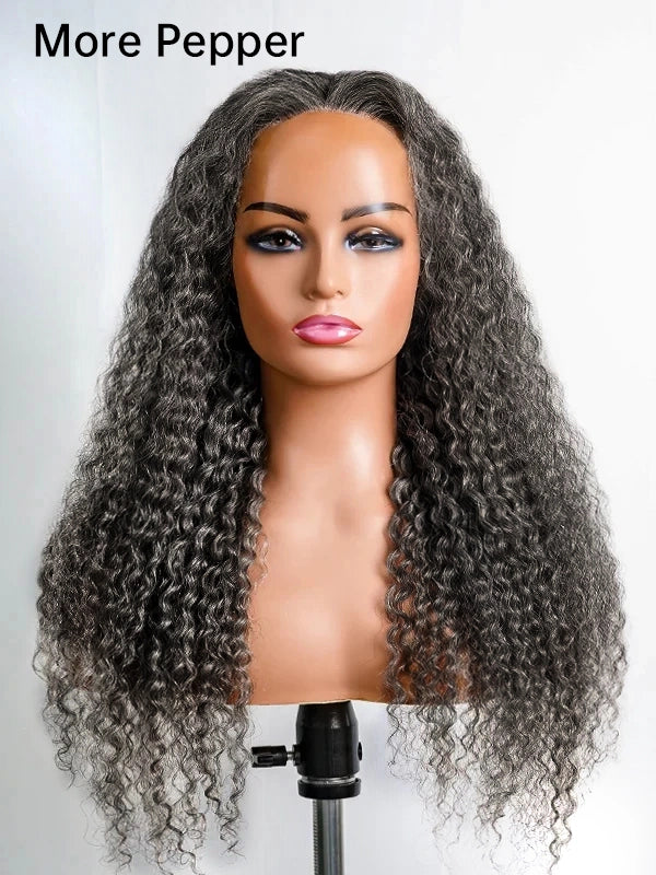 Luvwin 13x4 Salt And Pepper Long Deep Curly Glueless Gray Color Pre-Cut Lace Wig