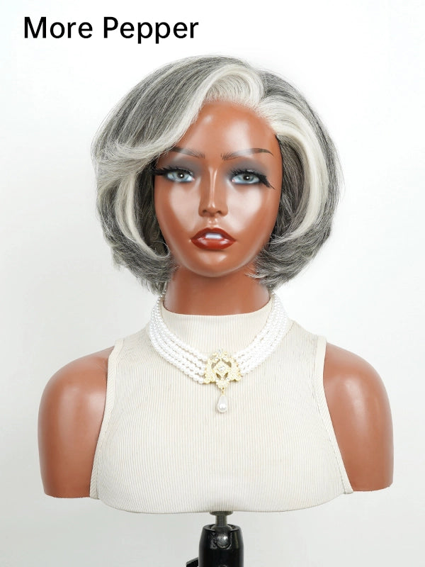 Luvwin 5x5 Lace Salt And Pepper Layered Swoop Bob Glueless Gray Wig