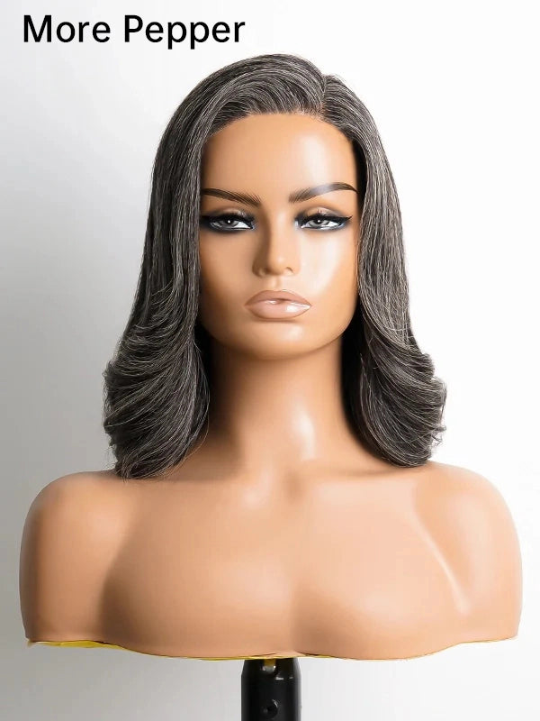 Luvwin Dark Gray Color Salt & Pepper Custom Wavy Hair 5x5 Pre-cut Lace Bob Wig For Seniors