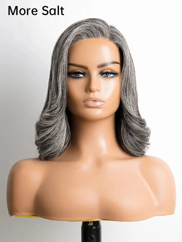 Luvwin Dark Gray Color Salt & Pepper Custom Wavy Hair 5x5 Pre-cut Lace Bob Wig For Seniors