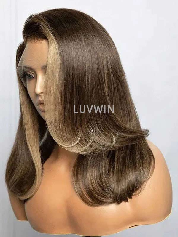 Luvwin Deep Side Part Brown Root With Blonde Money Piece Lace Front Wig 180% Density